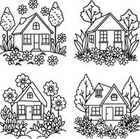 Four small houses with trees and flowers in black and white line art vector