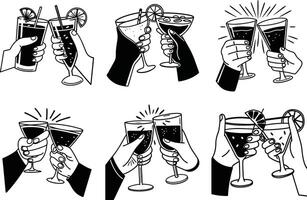 Black and white line art seamless pattern of hands toasting with cocktails vector