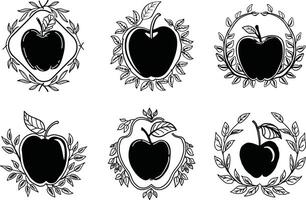 Apple silhouettes with leafy frames line art collection vector