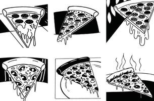 Black and white pizza slice illustrations with melting cheese and various toppings vector