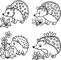 Cute cartoon hedgehog set outlined with flowers black and white vector