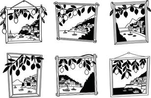 Black and white amalfi coast scenery in frames with lemon branch decoration pattern vector