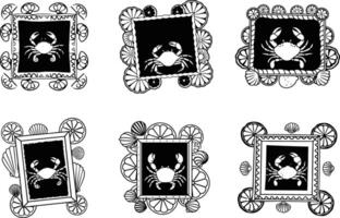 Black and white seamless pattern with crabs in frames and citrus motifs vector