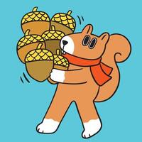 Cartoon line drawing of a squirrel walking holding an acorn. vector