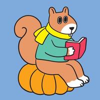 Cartoon line drawing of a squirrel reading a book sitting on a big pumpkin. vector
