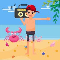 Cool boy in Summer time with crab in the beach vector