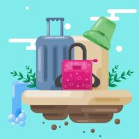 a set of suitcases for going on vacation and a green bucket with a natural background vector