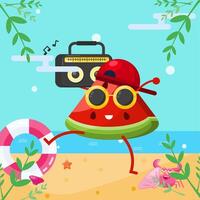 watermelon slice character is on the beach enjoying music vector