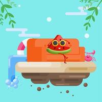 watermelon slice character sitting relaxing on a soft sofa vector