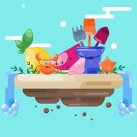 an island with a crab, a stream and summer fruits, a set of buckets and shovels for playing in the sand vector