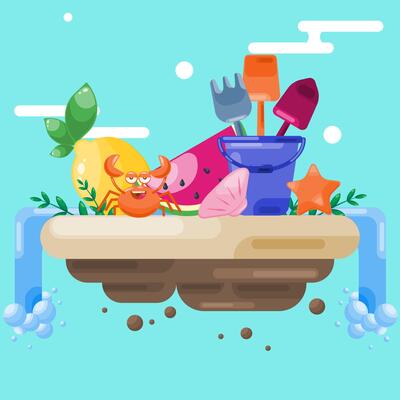 an island with a crab, a stream and summer fruits, a set of buckets and shovels for playing in the sand
