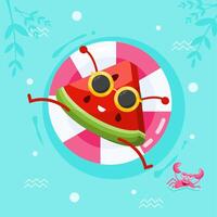 Cute watermelon character in a swimming pool on a floatie with a crab friend. Fun summer vacation and relaxation concept vector