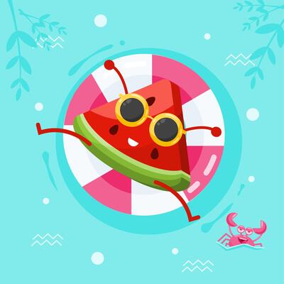 Cute watermelon character in a swimming pool on a floatie with a crab friend. Fun summer vacation and relaxation concept