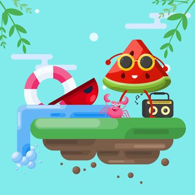 watermelon slice character is enjoying life on a desert island