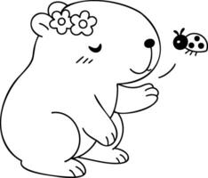 Cute capybara with flowers, interacting with ladybug, showcasing joyful moment vector