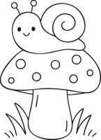 Cute snail on mushroom, surrounded by grass, perfect for coloring fun vector
