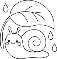 Cute snail under leaf, expressing joy on rainy day vector