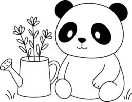 Cute panda sitting beside a watering can filled with plants vector