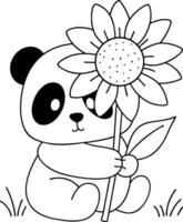 Adorable panda sitting with flower crown smiling on grass vector