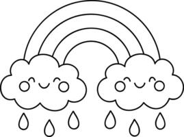Cute clouds with smiling faces and colorful rainbow above them create cheerful scene vector