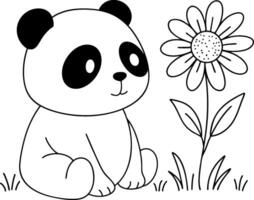 Cute panda sitting near a single flower vector