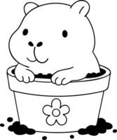 Cute capybara in flower pot, surrounded by soil, radiating joy and playfulness vector