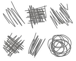 Six unique, abstract scribbled shapes are arranged in different orientations showcasing a variety of line styles and textures. The design uses simple dark lines against a white background vector