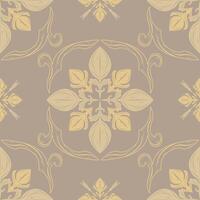 Repeat Luxury Seamless Baroque Scroll Florals Ornament on Light Tan Brown Background. Autumn Feels Golden Leaves Botany Large and Small Blooming with Hand Drawing Line Wines For Elaborate Rich Design vector