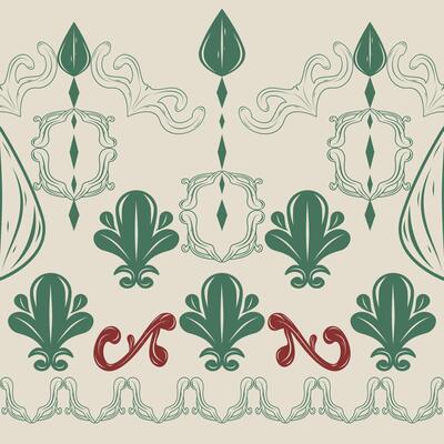 Exotic Fleur de lis Delicate Scroll Ornament Line Drawing and Bold Ornament for Vintage Luxury Decoration. Greenish Maroon Pattern on Beige Background Florals Border Pattern Stripe Embroidery Apparel
