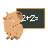 Cute capybara near a chalkboard with a simple math example. Flat hand-drawn style, warm tones, transparent background. Great for school-themed designs, educational materials, and stickers. vector