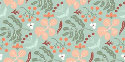 Seamless botanical pattern with abstract leaves, berries and flowers in orange, red and green tones on a mint background. Hand-drawn boho style. Ideal for fabric, wallpaper, wrapping paper, packaging. vector