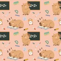Seamless pattern with capybaras, books, chalkboards, and school supplies. Hand-drawn flat style on a pastel background. Ideal for wallpaper, textiles, wrapping paper, and childrens products. vector