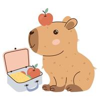 Capybara with a lunchbox and an apple on its head. Flat hand-drawn style on transparent background. Fun and playful, great for nutrition topics, school designs, and childrens content. vector