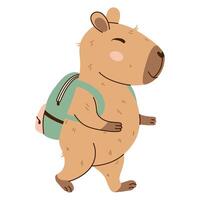 Capybara walking with a backpack, ready for school. Flat hand-drawn style illustration with transparent background. Perfect for educational projects and kids themes. vector