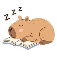 Adorable capybara sleeping on an open book. Flat illustration with soft colors and transparent background. Perfect for childrens projects, prints, and relaxation themes. vector