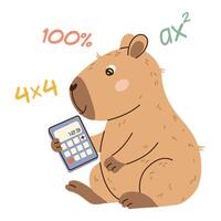 Smart capybara solving math with a calculator and math symbols. Flat hand-drawn style, transparent background. Ideal for educational posters, childrens books, and apps. vector