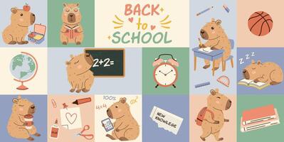 Seamless pattern with cute hand-drawn capybaras and school elements, pastel color palette. Perfect for kids textiles, wrapping paper, nursery decor, back to school products. vector
