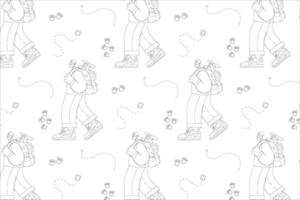 Minimalist pattern with outlined hiker, dog paw prints and dotted travel paths on white background, for travel branding, wrapping paper, adventure-themed design vector