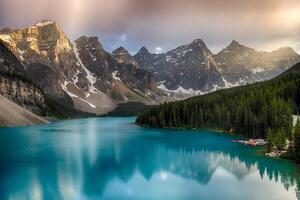 Stunning Moraine Lake surrounded by majestic mountains and lush forests at sunset photo