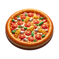 3D Render of Colorful Pizza with Toppings like Tomatoes, Corn, and Olives, Realistic Food Illustration png