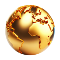 3D golden globe with detailed continents, shiny metallic texture, isolated on transparent background png