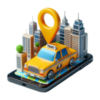 3D Taxi on Map with Location Pin on Smartphone Screen - City Buildings and Navigation Concept, Smooth Graphics png