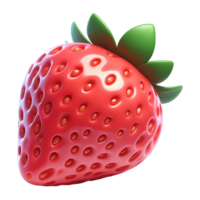 3D realistic strawberry with green leaves, isolated on transparent background png