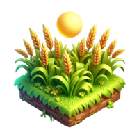 3D Render of Beautiful Wheat Field - Cartoon Style, Smooth Graphics, Glossy Finish, Shiny, Detailed, Isolated with Sun and Grass png