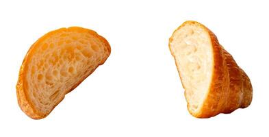 Top view set of brown croissants in two halves isolated on white background with clipping path photo