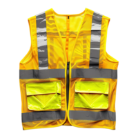Bright Yellow High-Visibility Safety Vest with Reflective Strips and Multiple Utility Pockets on Transparent Background png