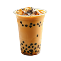 Refreshing Brown Sugar Bubble Tea Beverage in Plastic To-Go Cup Filled with Ice and Chewy Tapioca Pearls png
