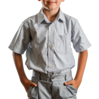 Children Wearing Classic Light Grey Button-Up School Uniform Shirts with Pockets and Collars Isolated on Transparent Background png