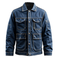 Navy Blue Industrial Work Jacket with Reinforced Stitching and Multiple Utility Pockets Isolated on Transparent Background png