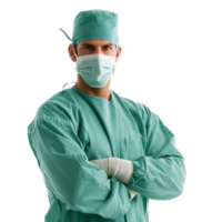 Professional Surgeon in Complete Sterile Mint Green Operating Room Attire with Surgical Mask, Cap and Latex Gloves Standing with Arms Crossed Against Transparent Background png